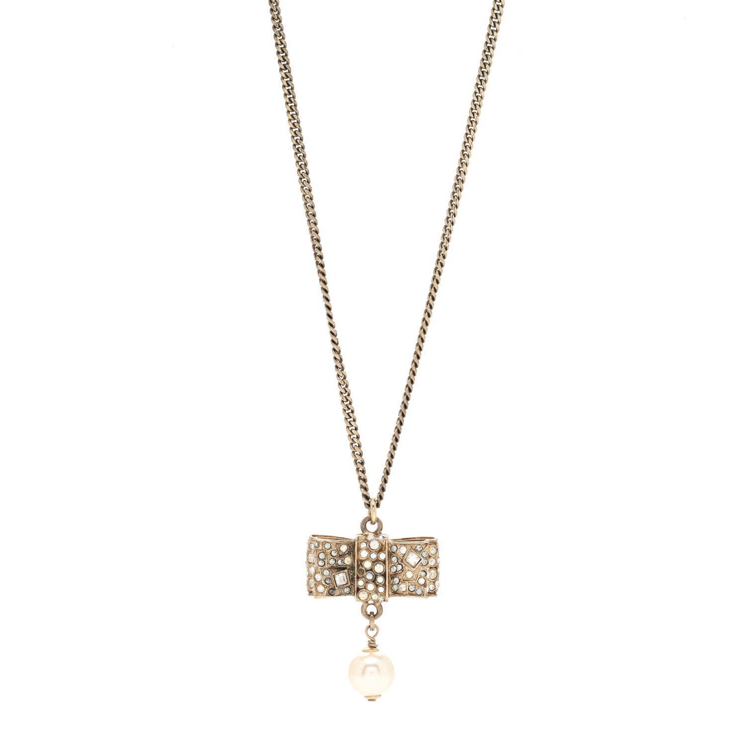 Chanel Metal Crystal Pearl CC Bow Necklace Gold 1 of 4