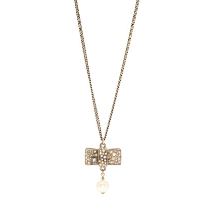 Chanel Metal Crystal Pearl CC Bow Necklace Gold 1 of 4