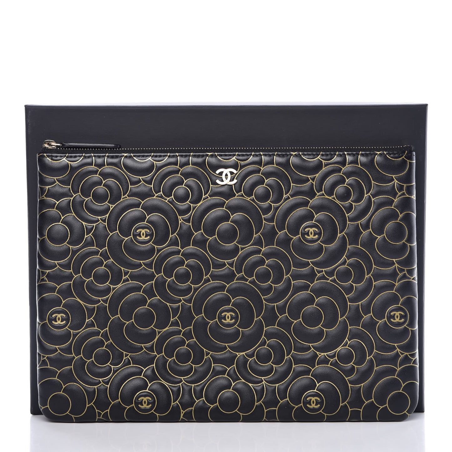 Lambskin Camellia Embossed Medium Cosmetic Case Black Gold