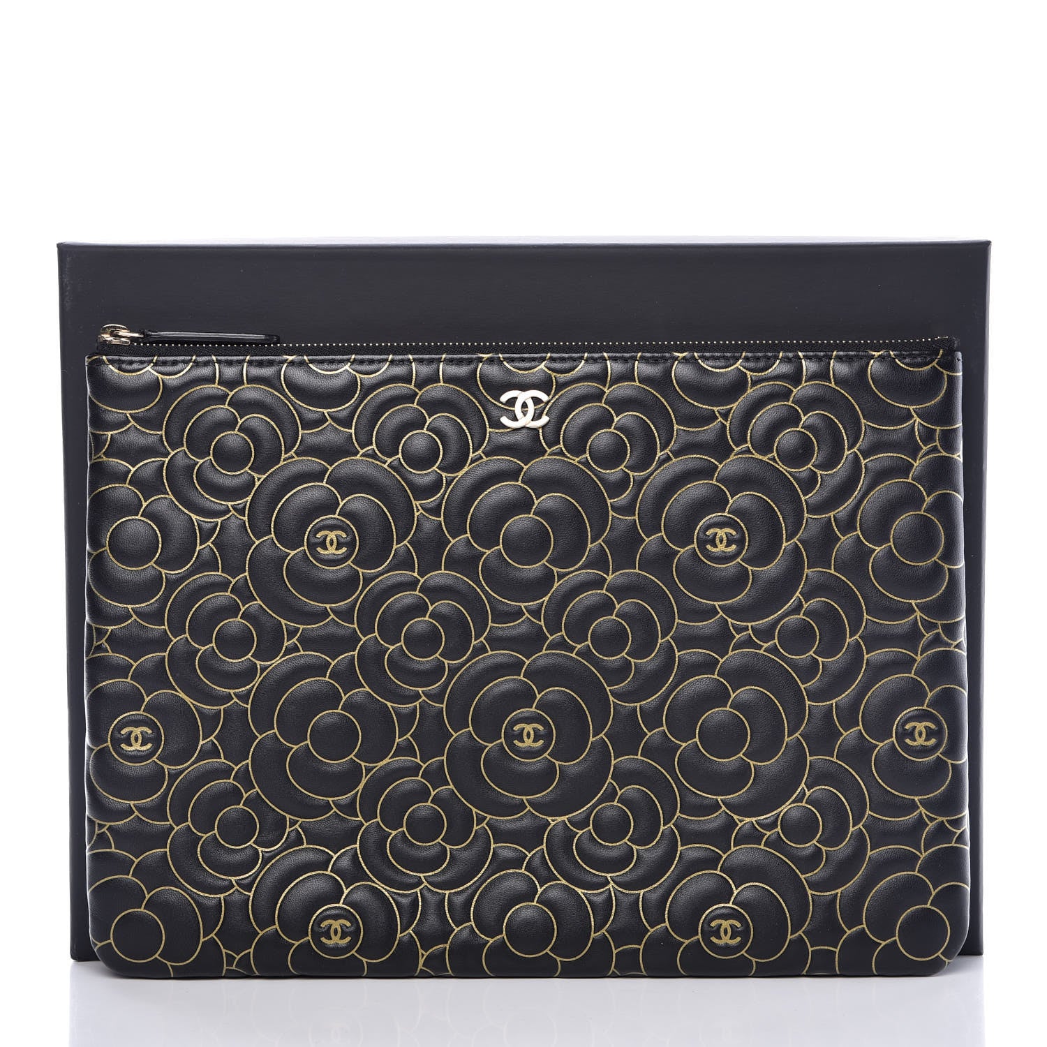Chanel Lambskin Camellia Embossed Medium Cosmetic Case Black Gold 10 of 10