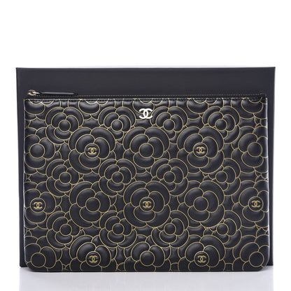 Chanel Lambskin Camellia Embossed Medium Cosmetic Case Black Gold 10 of 10