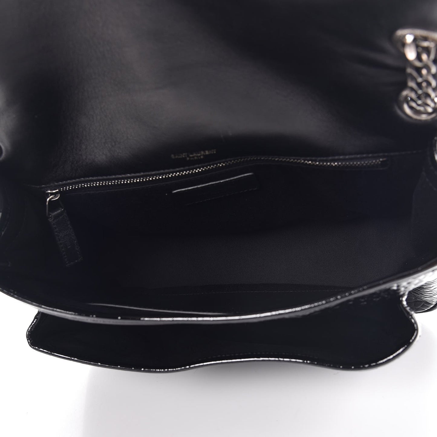 Patent Crocodile Embossed Lambskin Monogram Medium Niki Chain Satchel Black