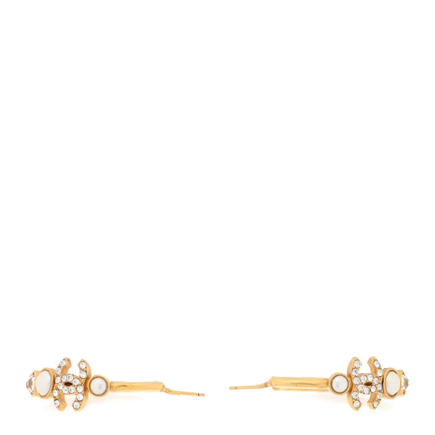 Chanel Crystal Pearl CC Hoop Earrings Gold Pearly White 3 of 4