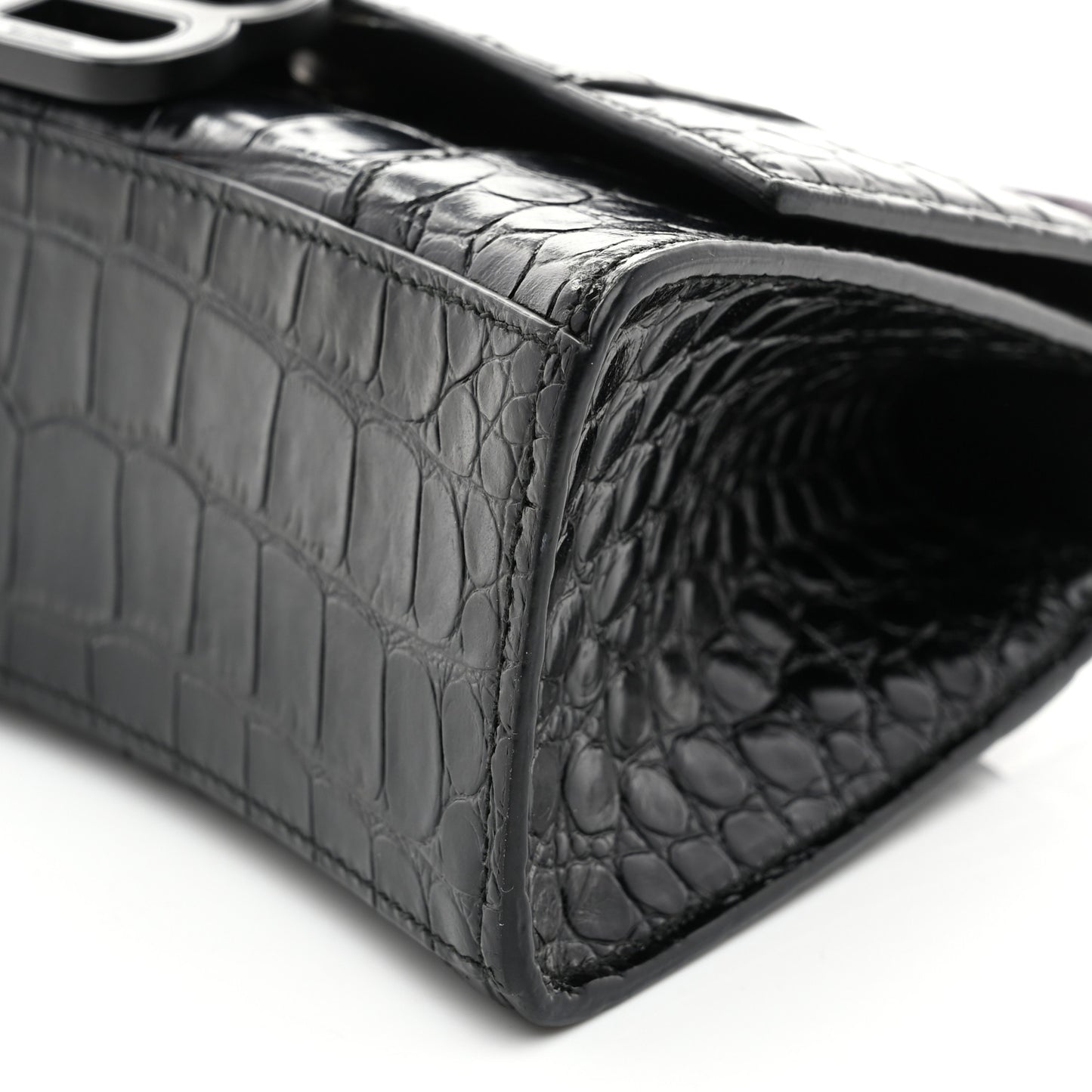 Shiny Calfskin Monochrome Crocodile Embossed Hourglass Top Handle Bag XS Black