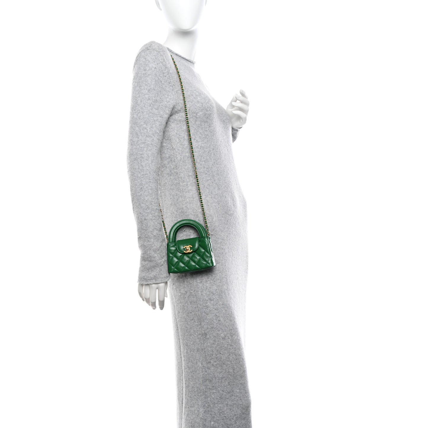 Shiny Aged Calfskin Quilted Mini Nano Kelly Shopper Green