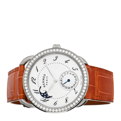 Hermes Stainless Steel Alligator Diamond Mother of Pearl 38mm Arceau Petite Lune Automatic Watch Orange 2 of 5