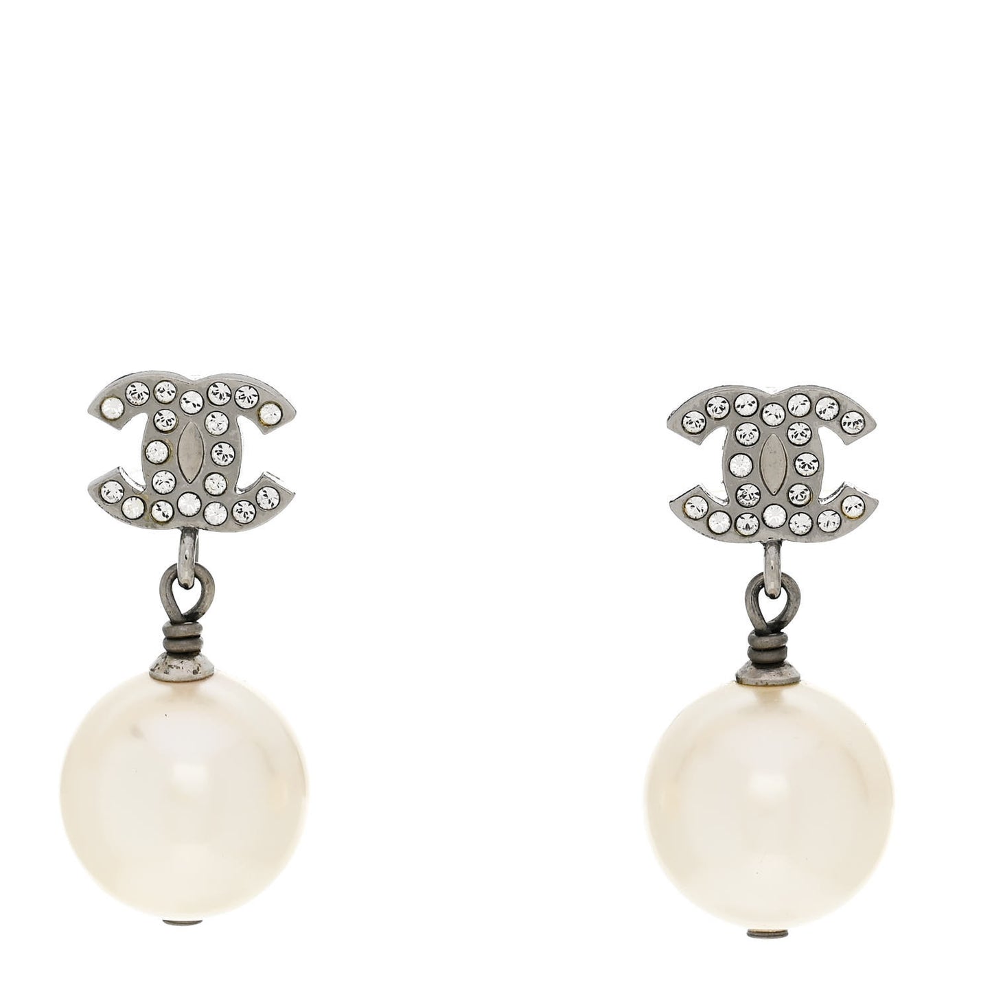 Crystal Pearl CC Drop Earrings Silver Pearly White