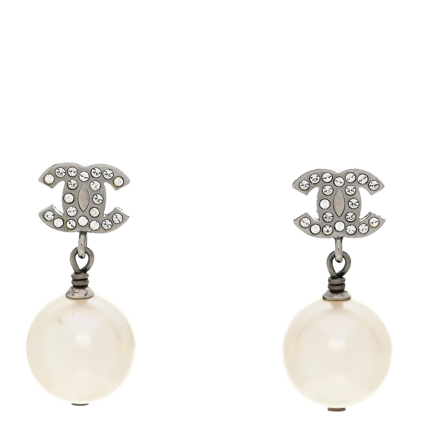 Chanel Crystal Pearl CC Drop Earrings Silver Pearly White 1 of 5