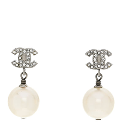 Chanel Crystal Pearl CC Drop Earrings Silver Pearly White 1 of 5