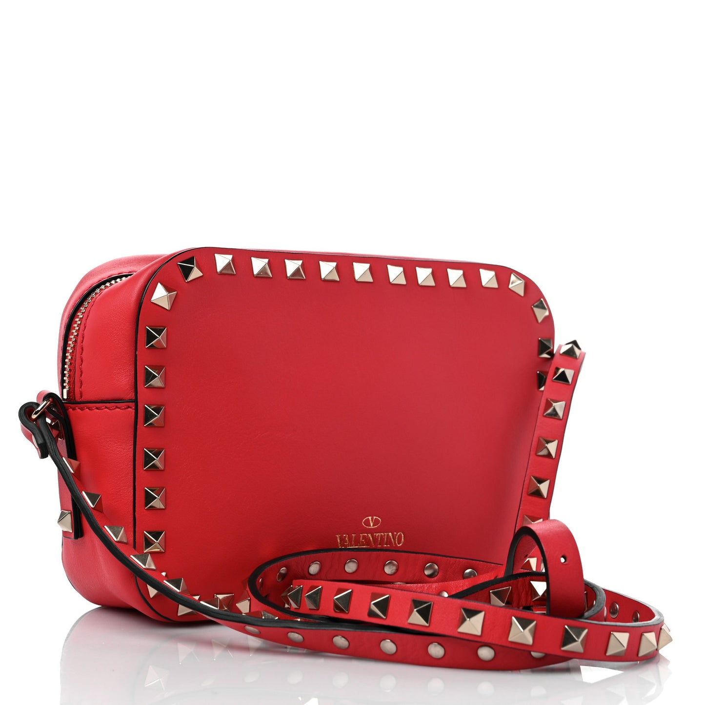 Calfskin Rockstud Camera Crossbody Bag Deep Coral