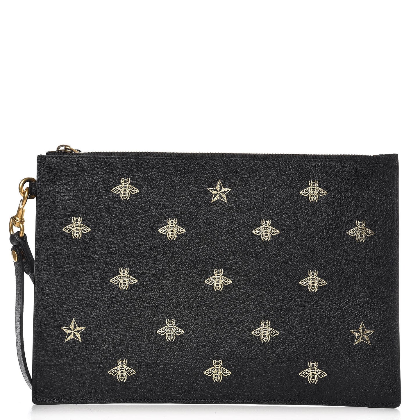 Dollar Calfskin Boar Effect Bee Star Zip Wristlet Pouch Black