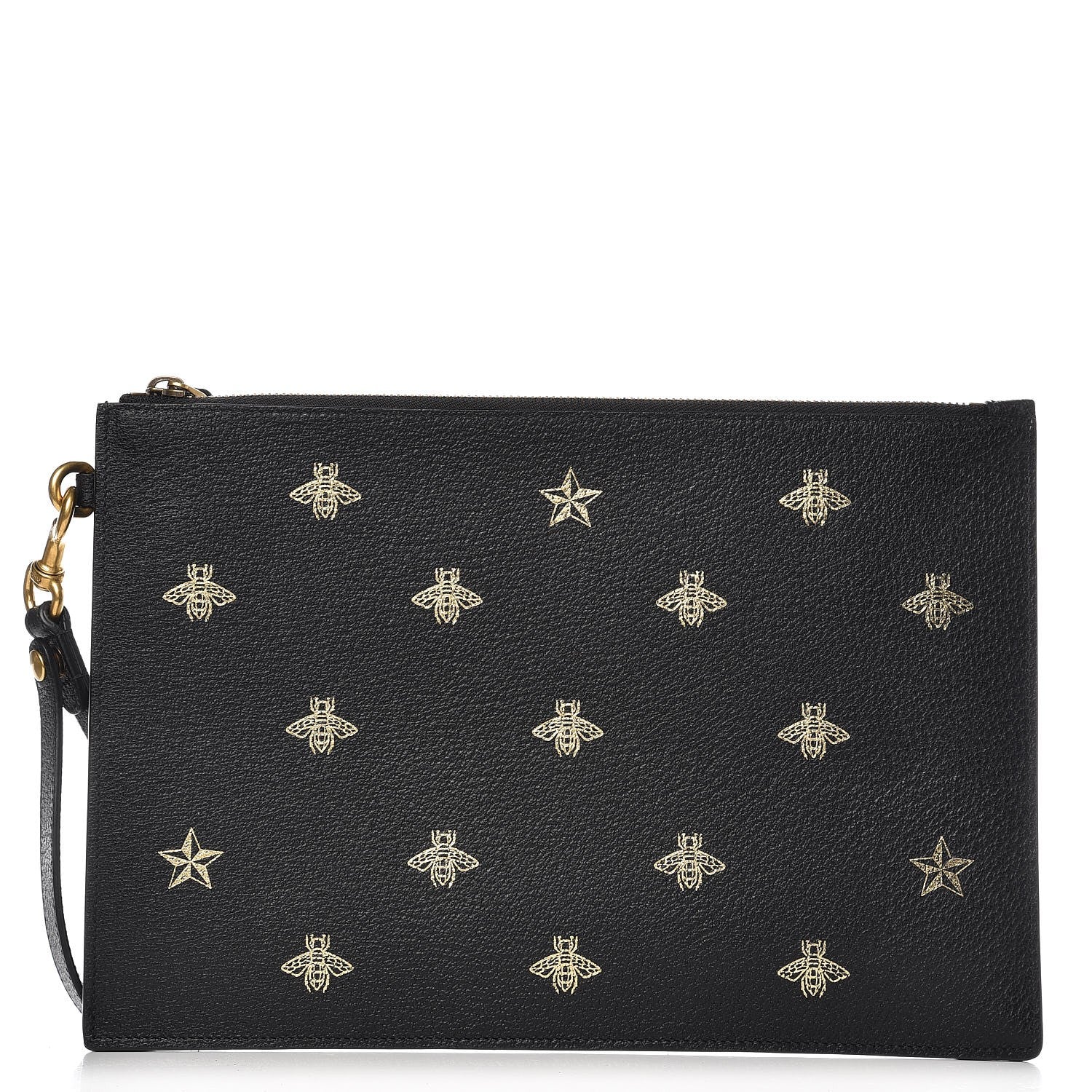 Gucci Dollar Calfskin Boar Effect Bee Star Zip Wristlet Pouch Black 1 of 7