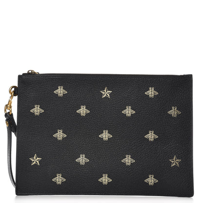 Gucci Dollar Calfskin Boar Effect Bee Star Zip Wristlet Pouch Black 1 of 7