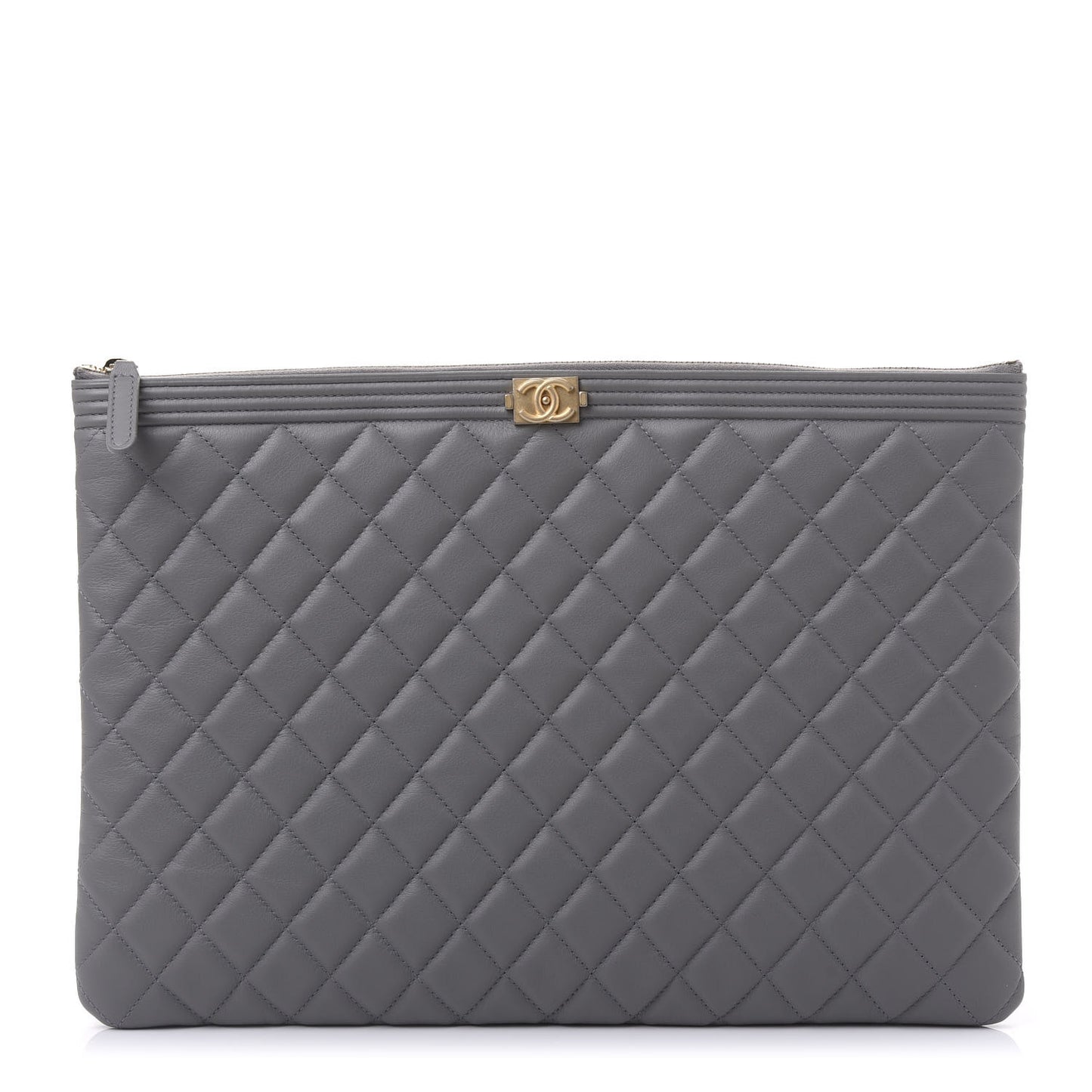 Lambskin Quilted Large Boy Zip Pouch Grey