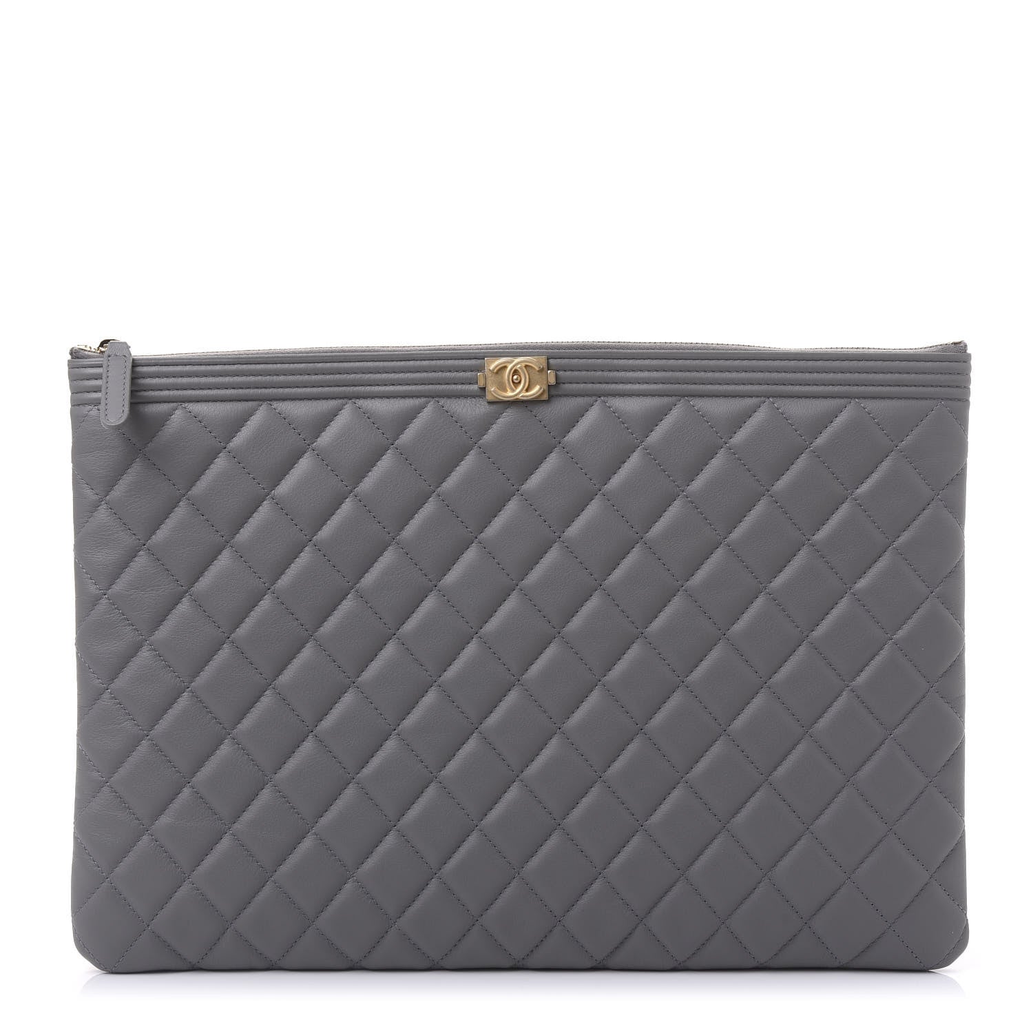 Chanel Lambskin Quilted Large Boy Zip Pouch Grey 1 of 11