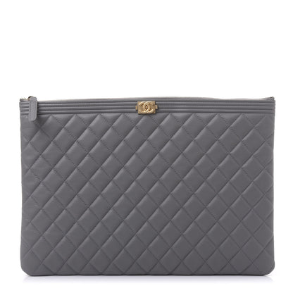 Chanel Lambskin Quilted Large Boy Zip Pouch Grey 1 of 11