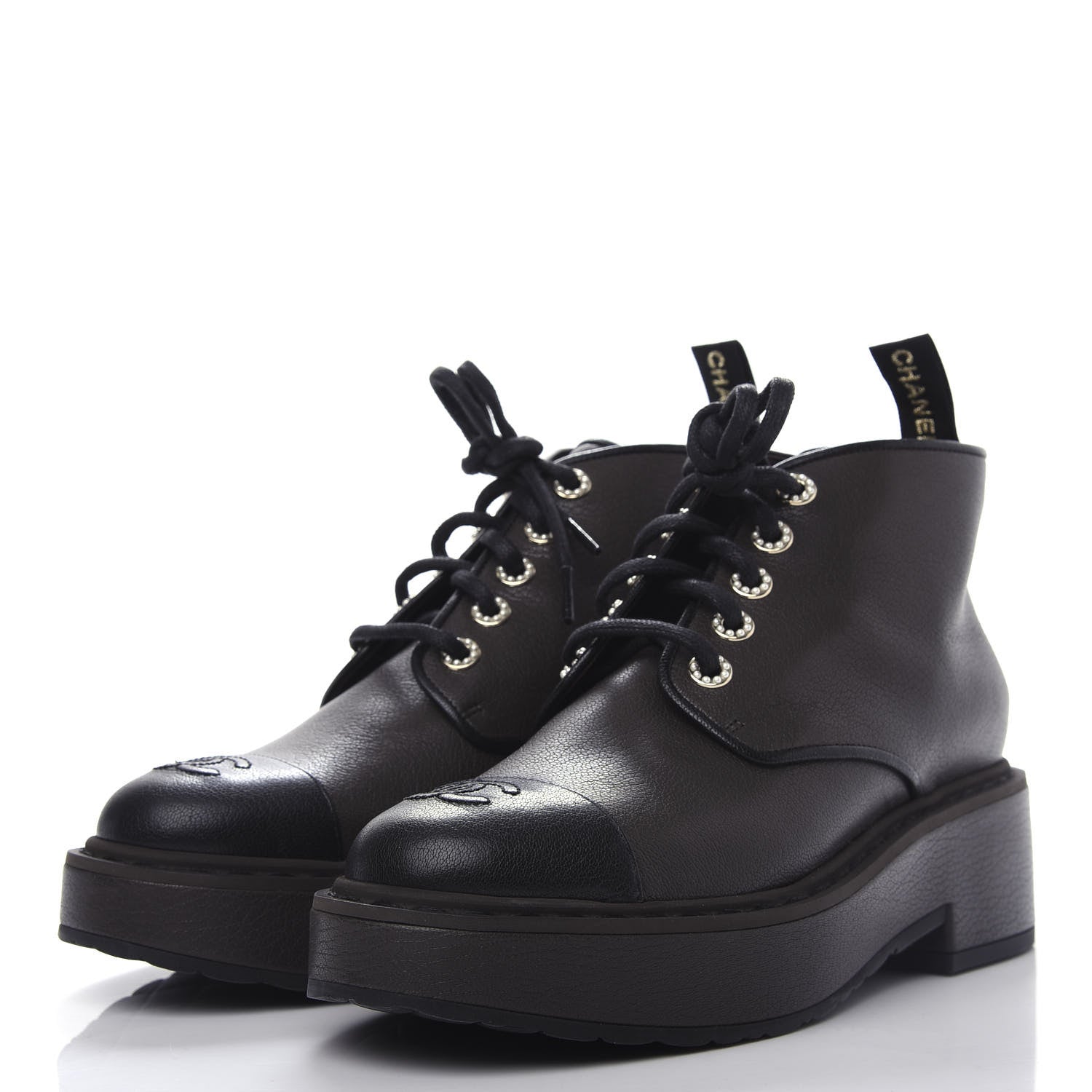 Chanel Goatskin Pearl Lace Up CC Short Boots 40 Brown Black 3 of 11