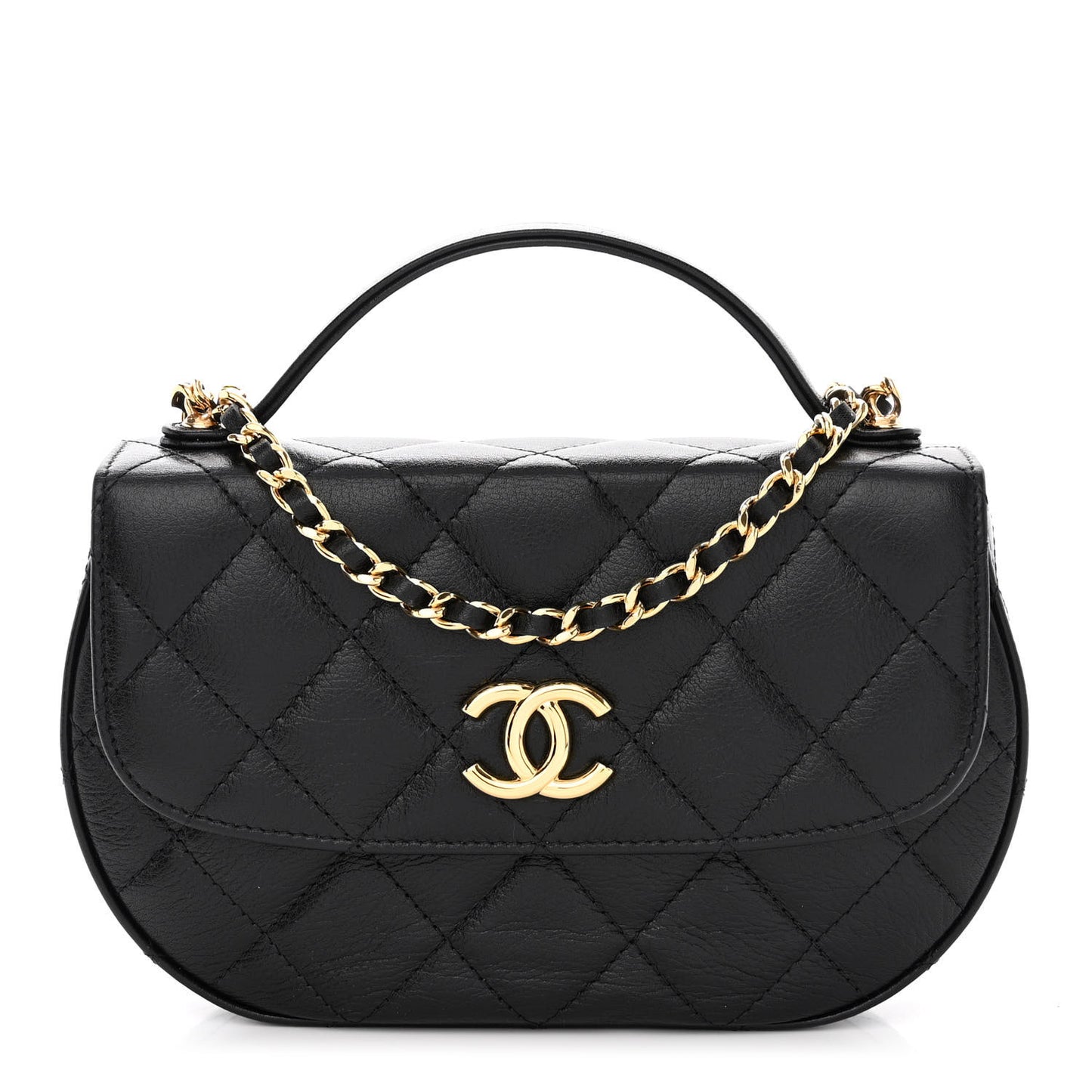 Shiny Aged Calfskin Quilted Top Handle Clutch With Chain Black