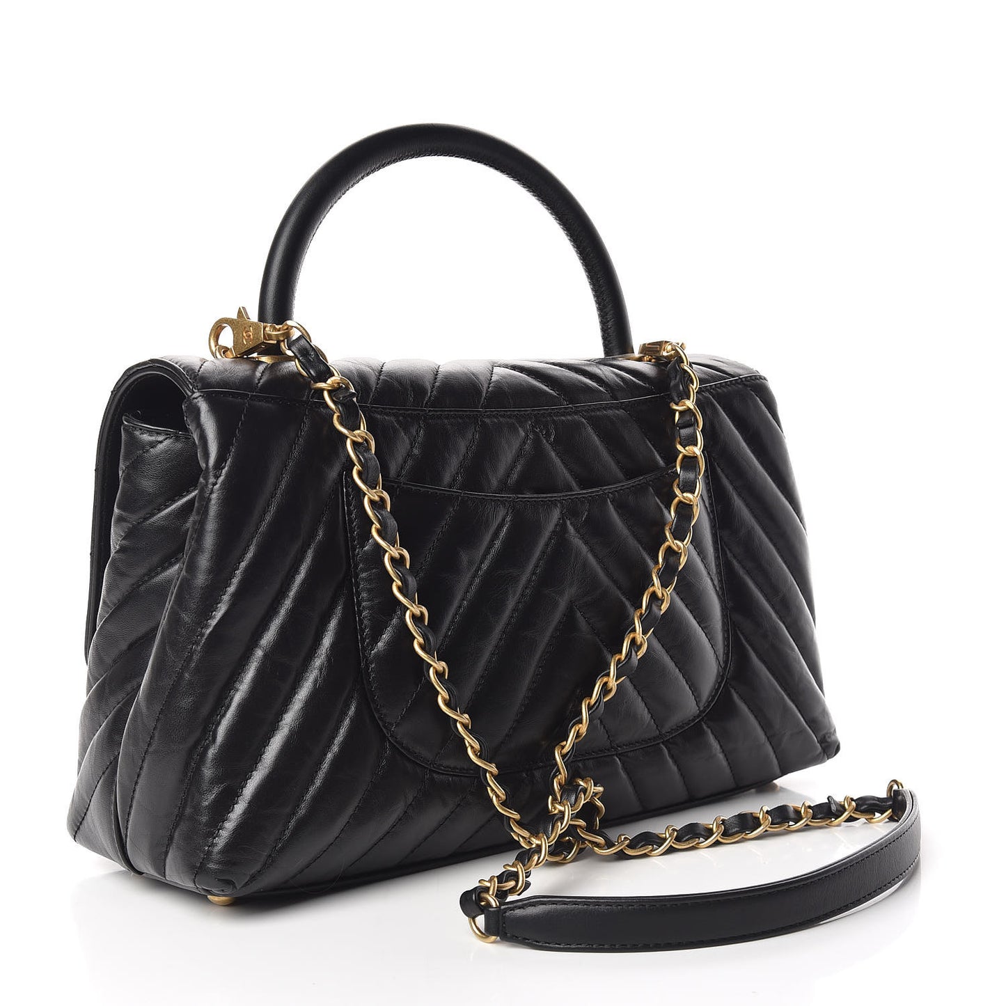 Calfskin Chevron Quilted Small Coco Handle Flap Black