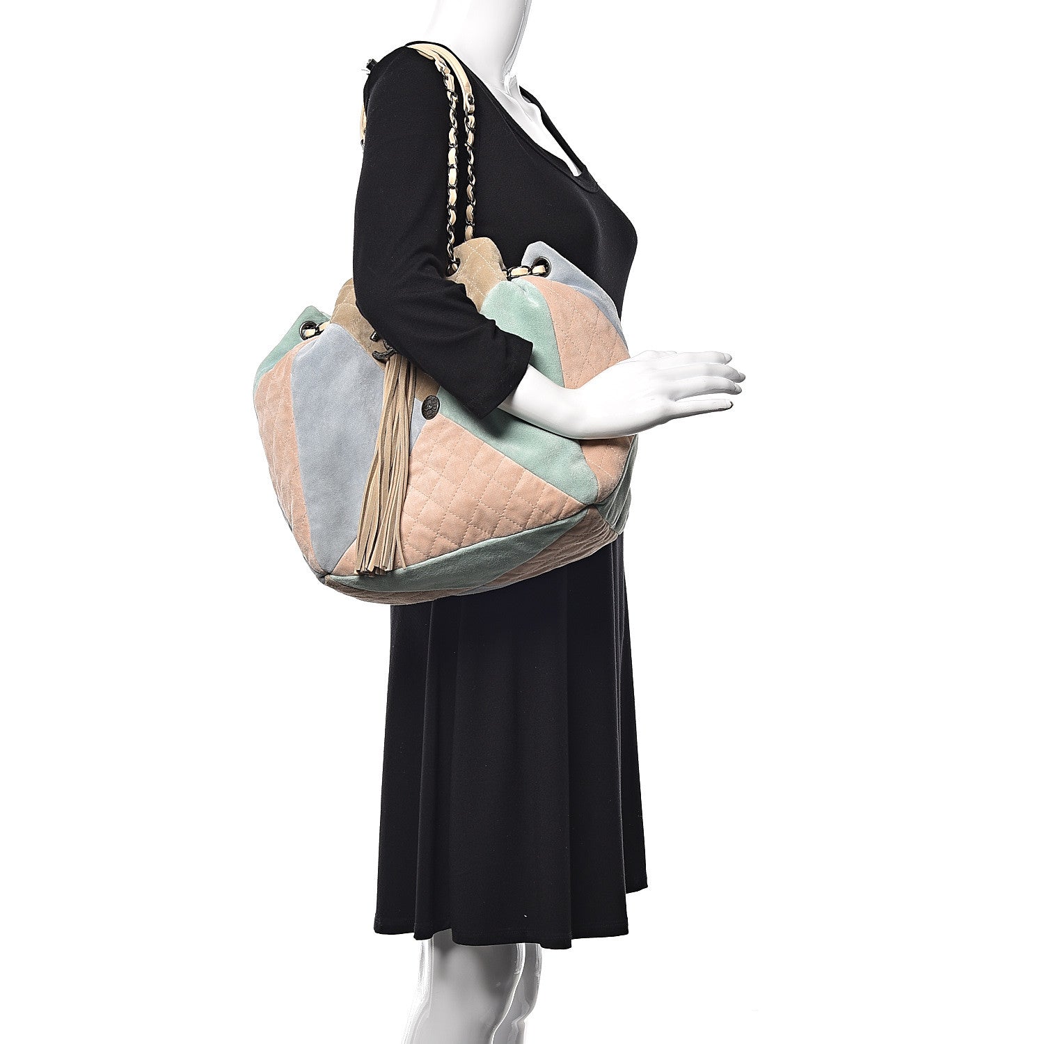 Chanel Suede Quilted Patchwork Drawstring Bag Blue Green Pink Beige 2 of 11