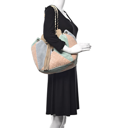 Chanel Suede Quilted Patchwork Drawstring Bag Blue Green Pink Beige 2 of 11