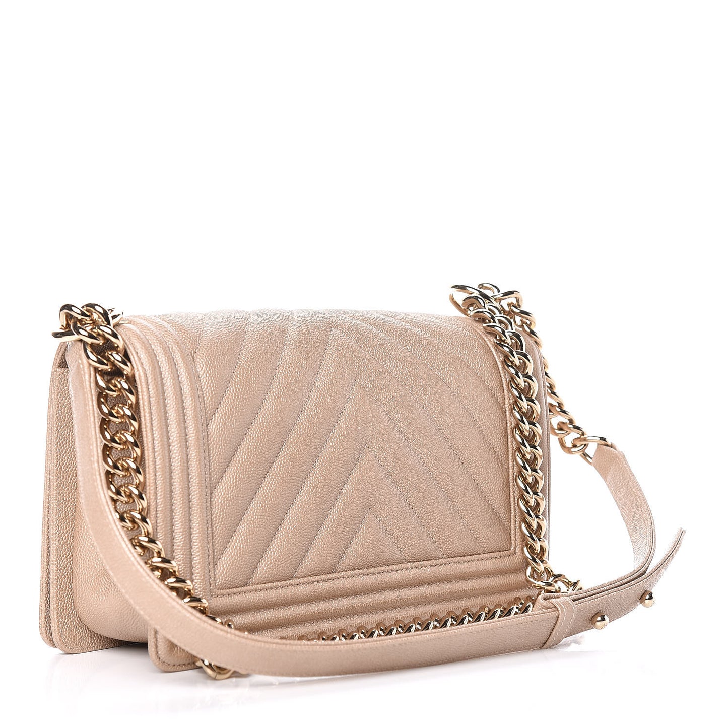 Metallic Caviar Chevron Quilted Medium Boy Flap Light Beige