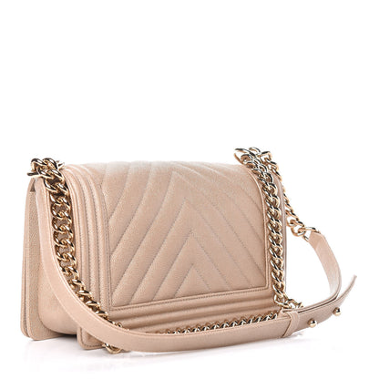 Chanel Metallic Caviar Chevron Quilted Medium Boy Flap Light Beige 3 of 11