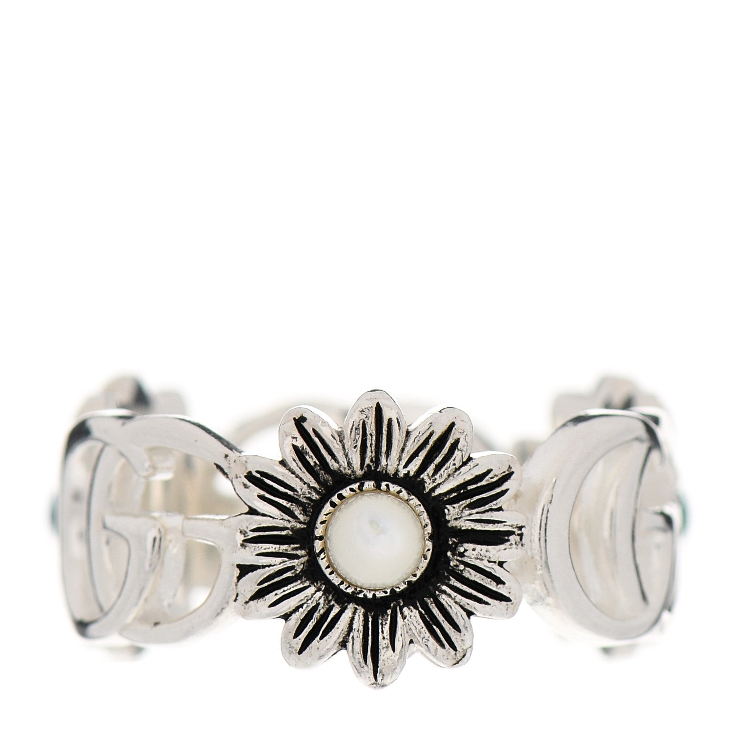 Gucci Sterling Silver Mother of Pearl Blue Topaz Flower Marmont Double G Ring 53 6.5 3 of 6