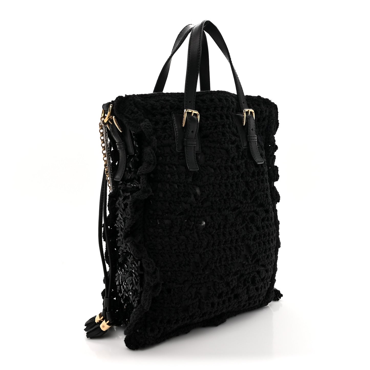 Knitted Sequins Lambskin Miss Helene Chain Tote Black