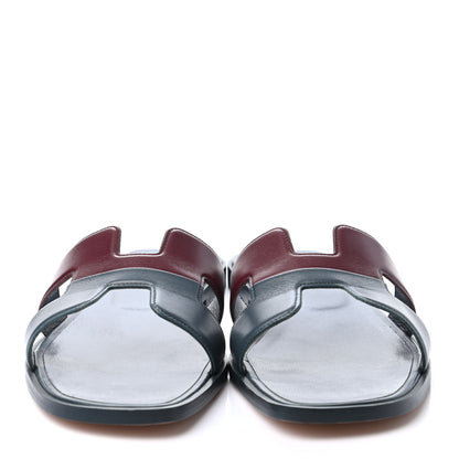 Hermes Box Calfskin Oran Sandals 39.5 Bleu Ardoise Bordeaux 2 of 8