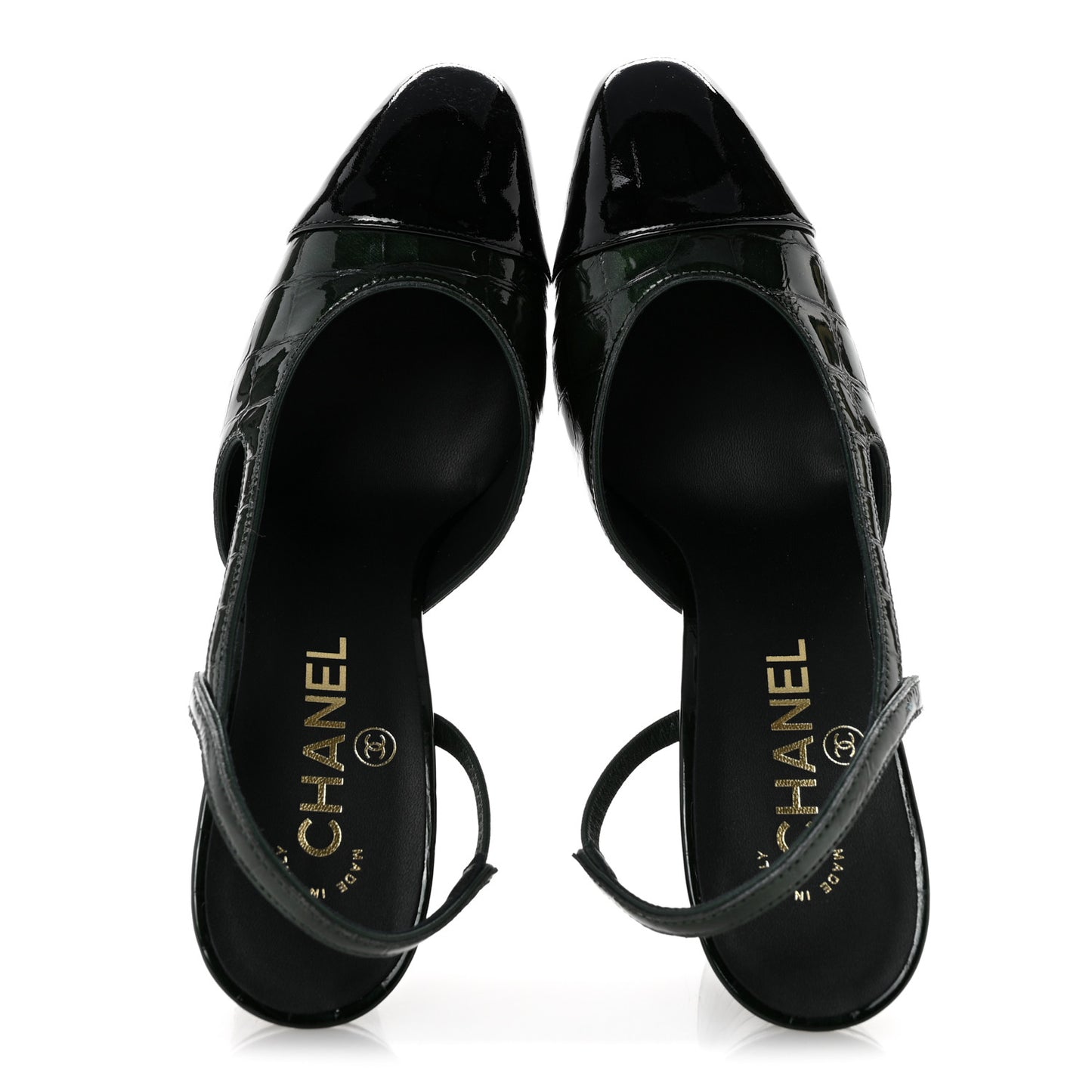 Patent Calfskin Crocodile Embossed Cap Toe CC Slingback Pumps 37 Dark Green Black