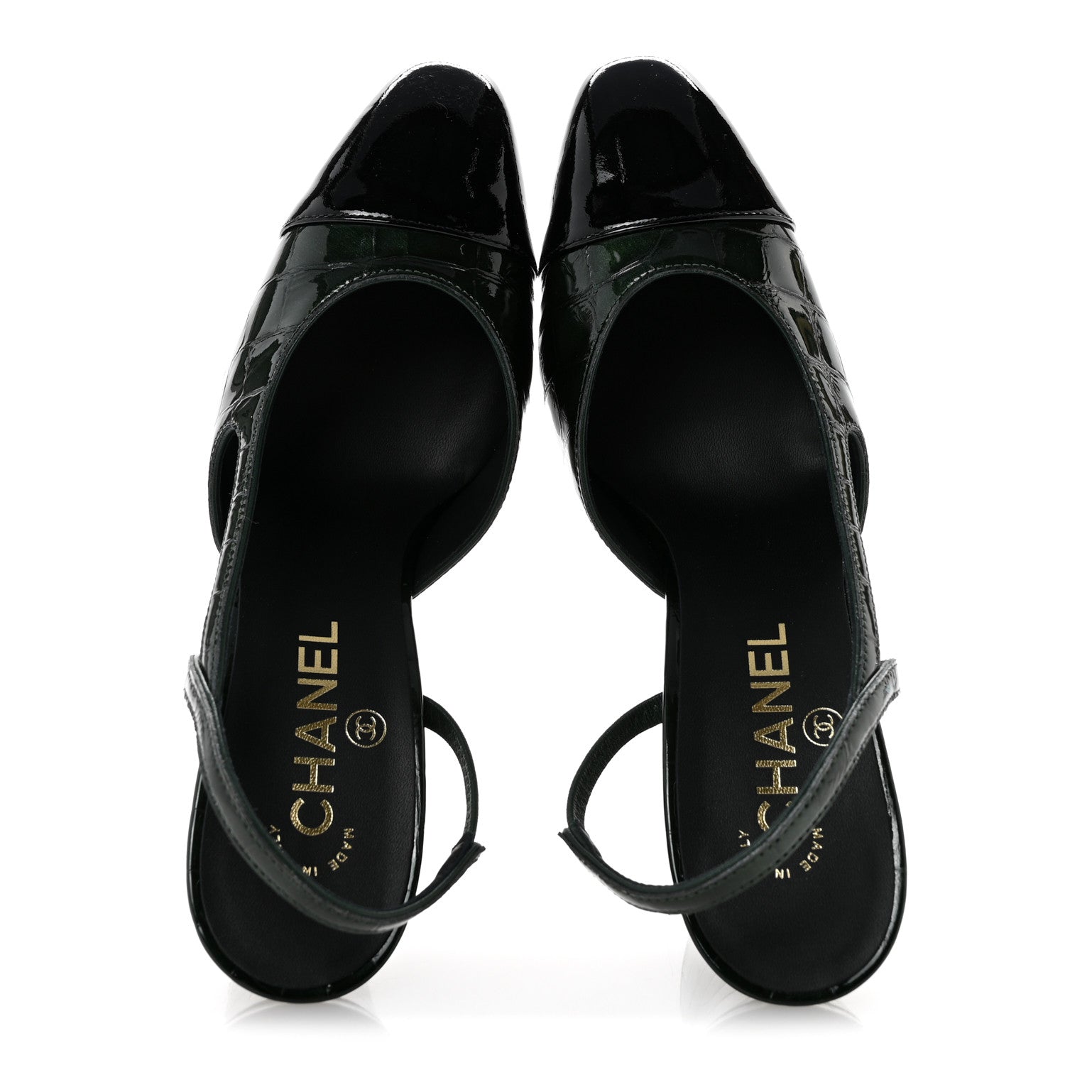 Chanel Patent Calfskin Crocodile Embossed Cap Toe CC Slingback Pumps 37 Dark Green Black 2 of 10