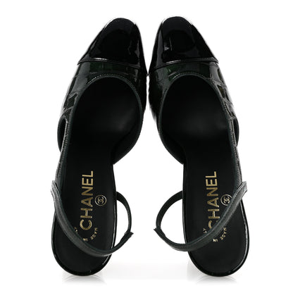 Chanel Patent Calfskin Crocodile Embossed Cap Toe CC Slingback Pumps 37 Dark Green Black 2 of 10