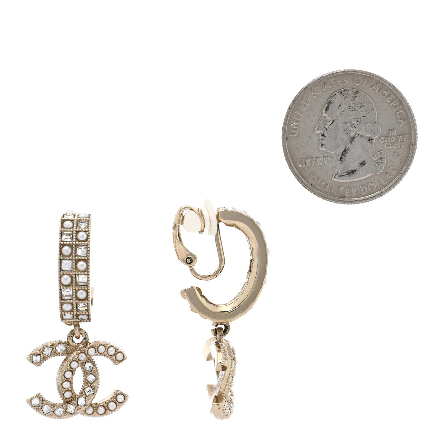 Crystal Pearl CC Drop Clip On Earrings Gold