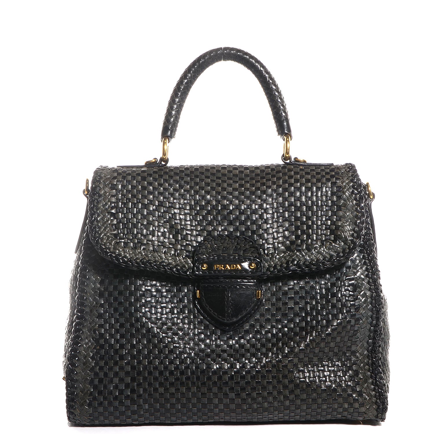 Prada Goatskin Woven Top Handle Satchel Baltico Black 1 of 10