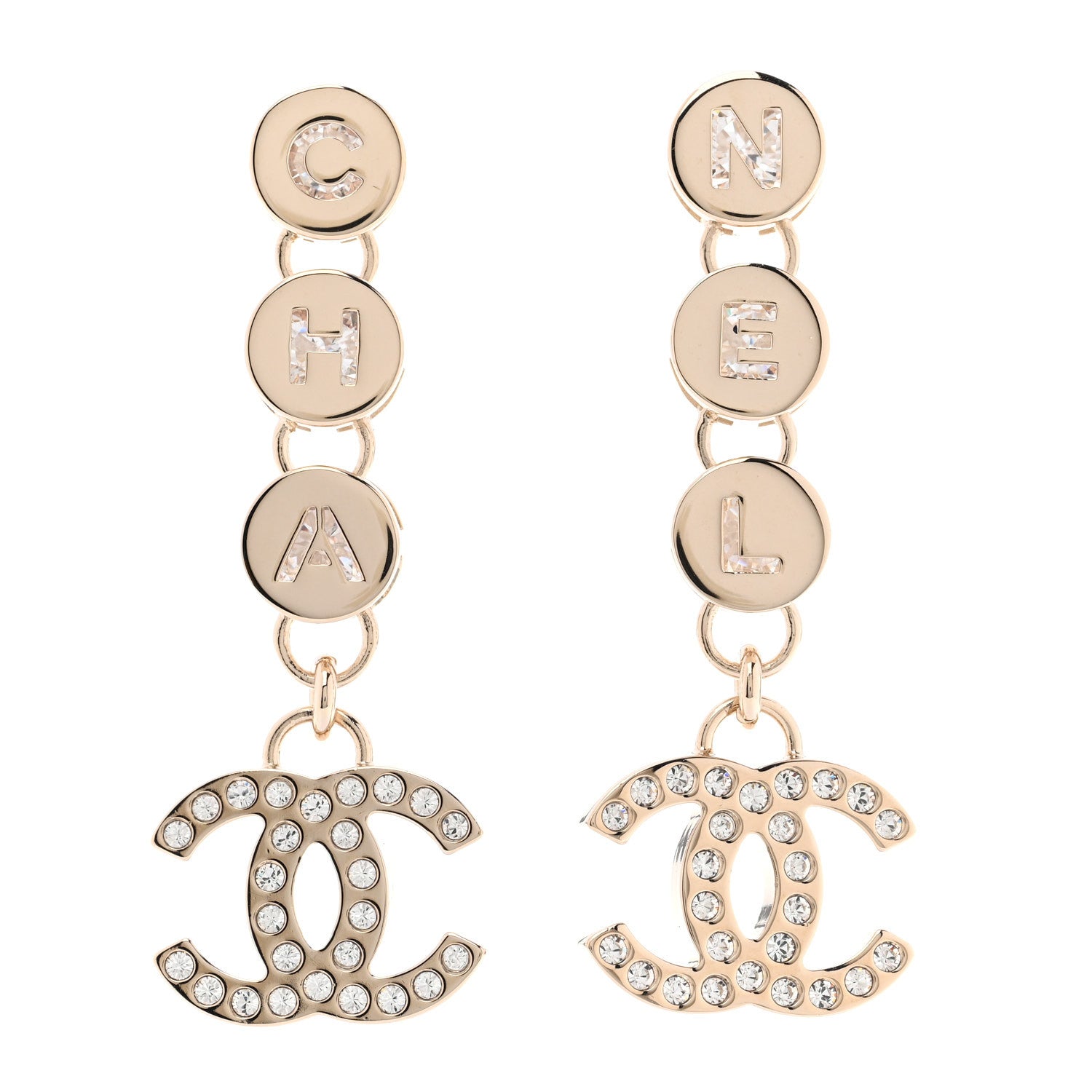 Chanel Metal Crystal CC Cha-Nel Logo Drop Earrings Light Gold 1 of 5