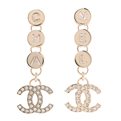 Chanel Metal Crystal CC Cha-Nel Logo Drop Earrings Light Gold 1 of 5