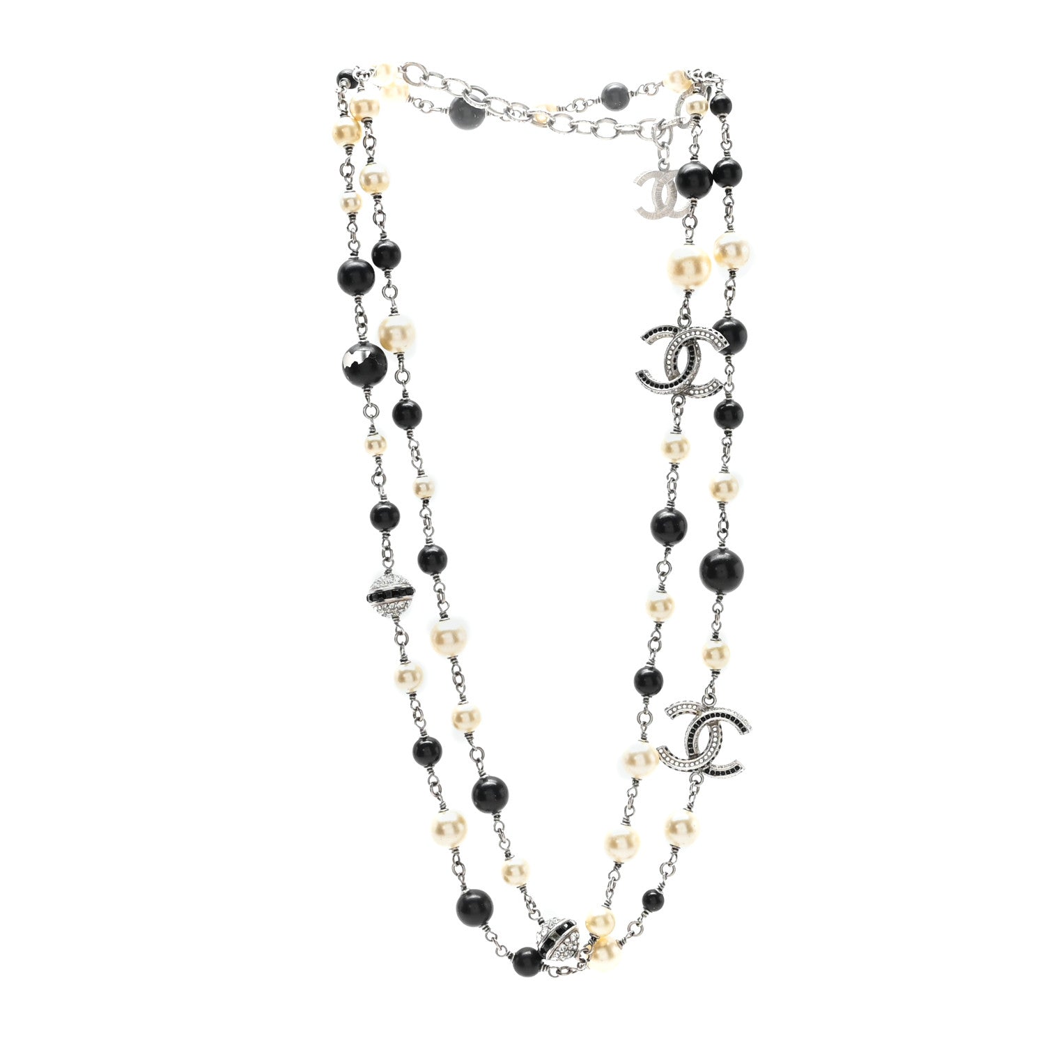 Chanel Metal Pearl Crystal Bead CC Long Necklace Silver Black 3 of 5