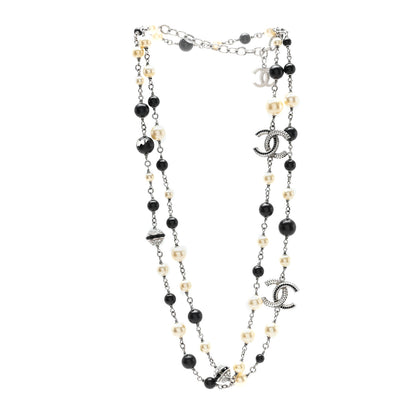 Chanel Metal Pearl Crystal Bead CC Long Necklace Silver Black 3 of 5