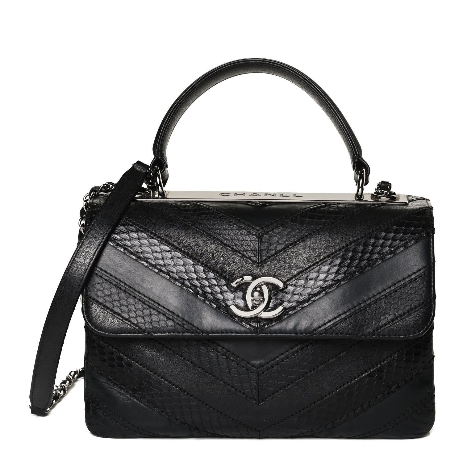 Chanel Calfskin Sheepskin Watersnake Chevron Quilted CC Small Trendy CC Dual Handle Flap Bag Black 1 of 13