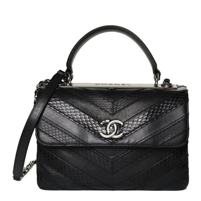 Chanel Calfskin Sheepskin Watersnake Chevron Quilted CC Small Trendy CC Dual Handle Flap Bag Black 1 of 13