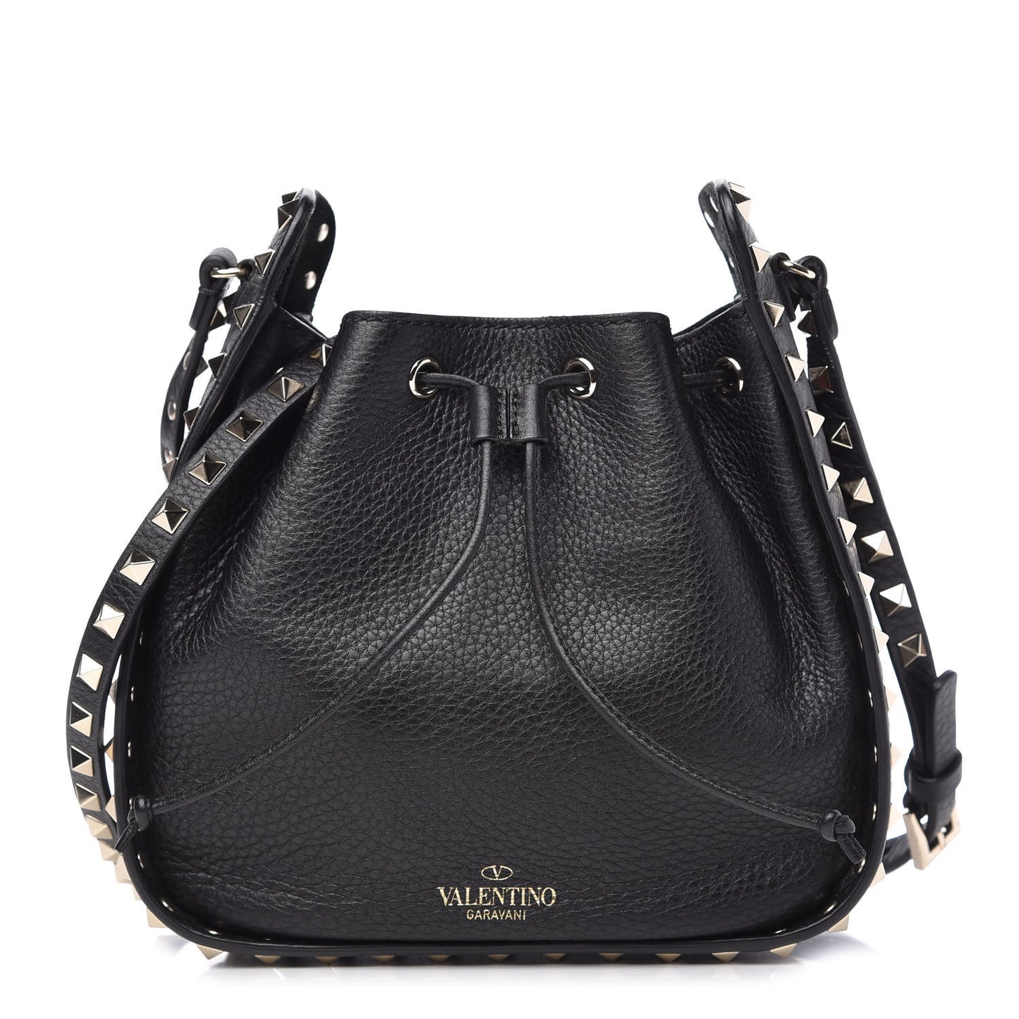 Grained Calfskin Rockstud Bucket Bag Black