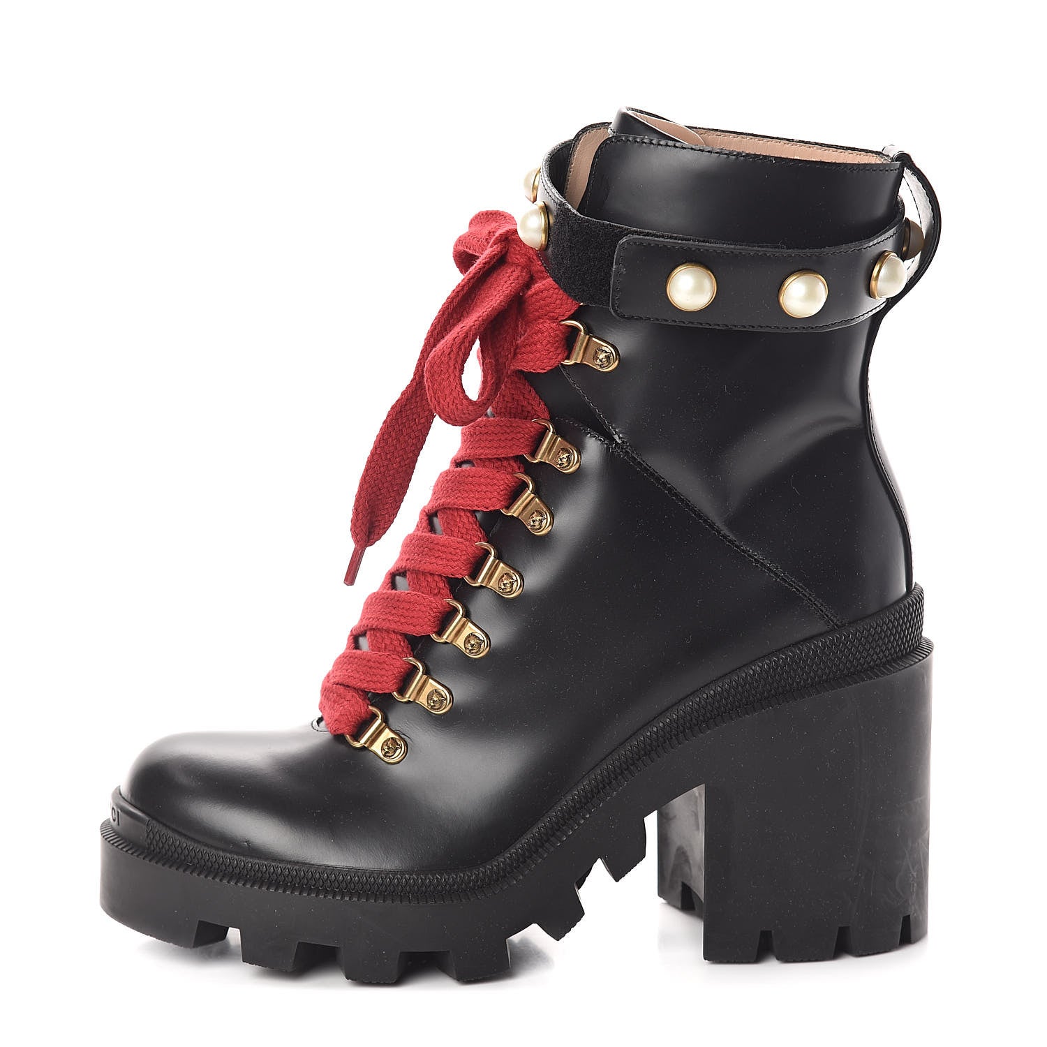 Gucci Magnum Calfskin Pearl Lace Up Combat Ankle Boots 38 Black 1 of 7