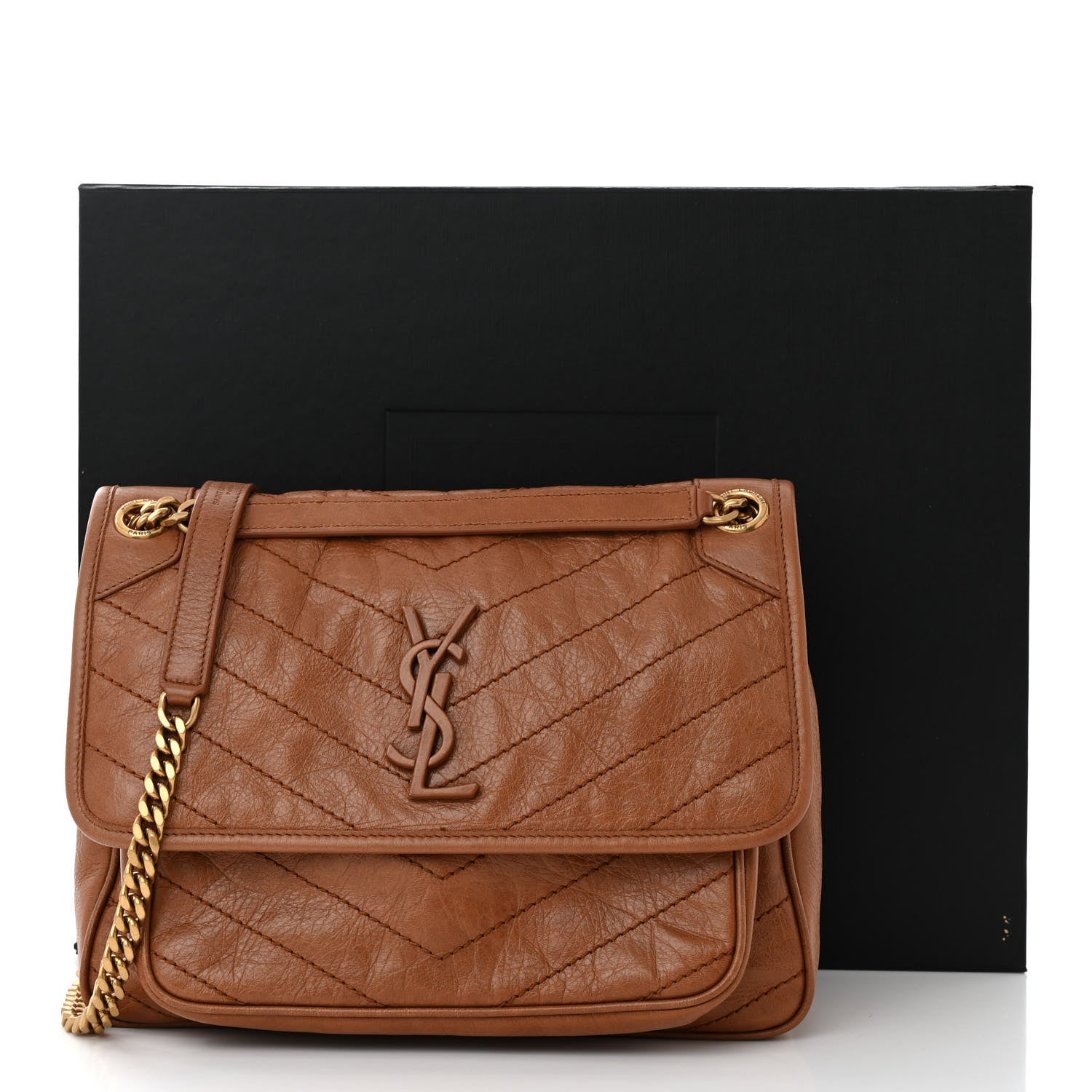 Saint Laurent Crinkled Calfskin Matelasse Monogram Medium Niki Chain Satchel Caramel 11 of 11