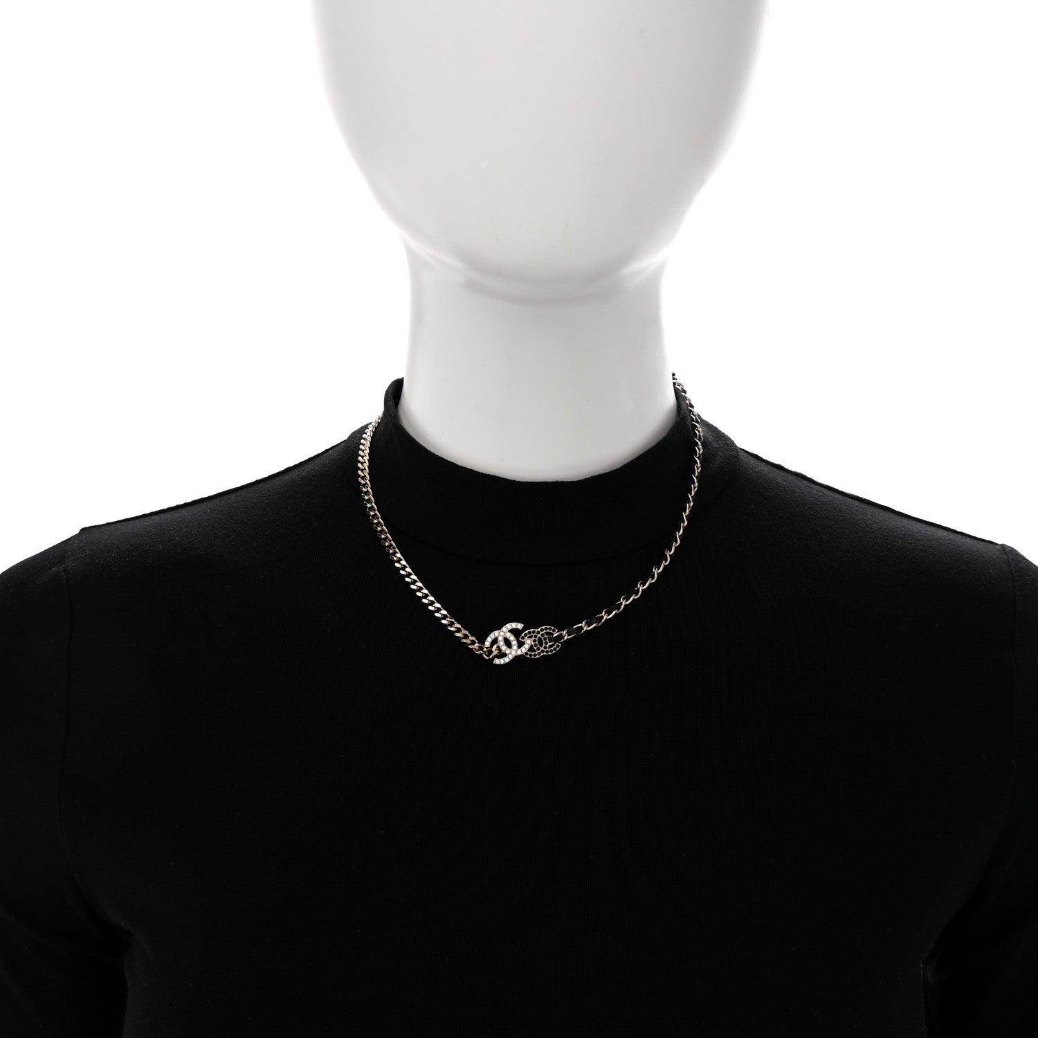 Chanel Metal Calfskin Crystal Double CC Short Necklace Black Gold 2 of 7