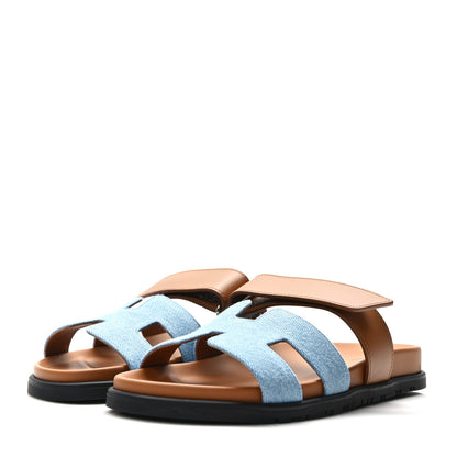 Hermes Denim Calfskin Womens Chypre Sandals 37.5 Bleu Clair Naturel 3 of 9