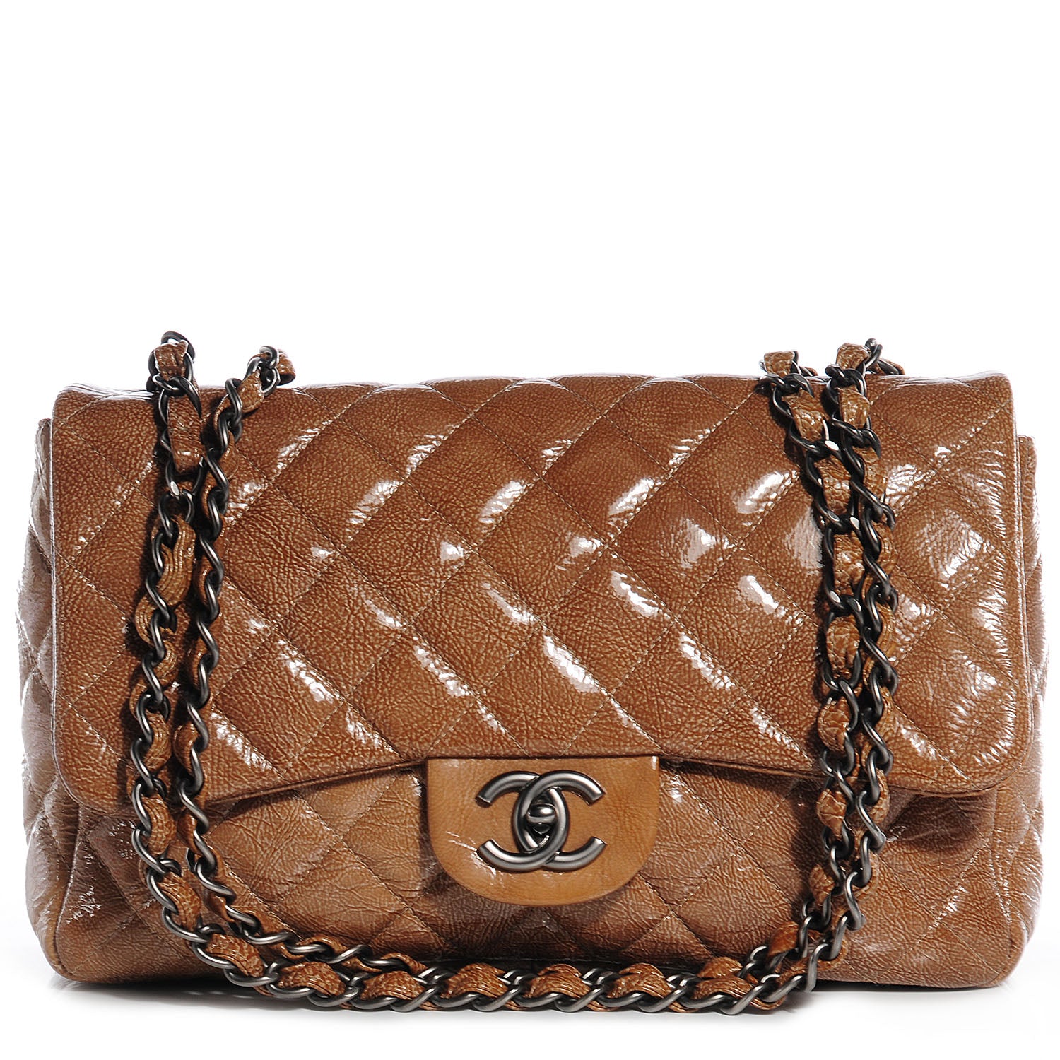 Chanel Crinkled Patent Jumbo Single Flap Brown 1 of 8