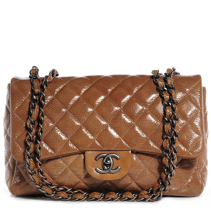 Chanel Crinkled Patent Jumbo Single Flap Brown 1 of 8