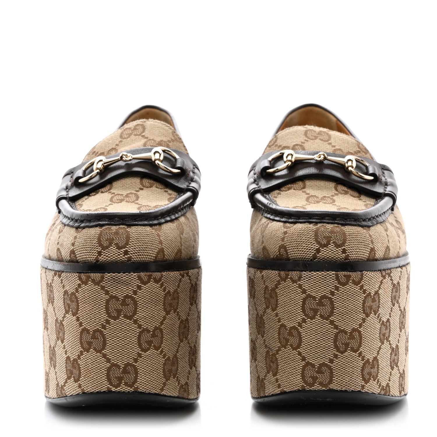Gucci Canvas GG Monogram Womens Horsebit Platform Loafers 37 Beige Ebony Cocoa 2 of 10