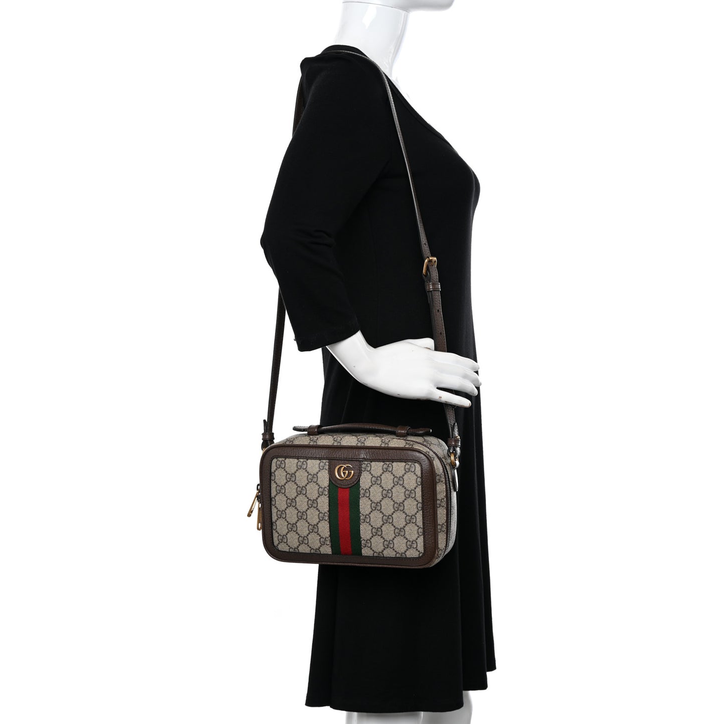 GG Supreme Monogram Web Small Ophidia Top Handle Shoulder Bag Brown